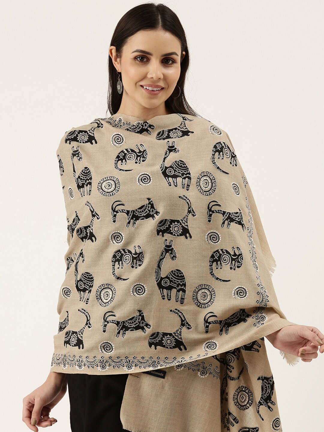 

Pashmoda Women Beige & Black Embroidered Pure Wool Shawl