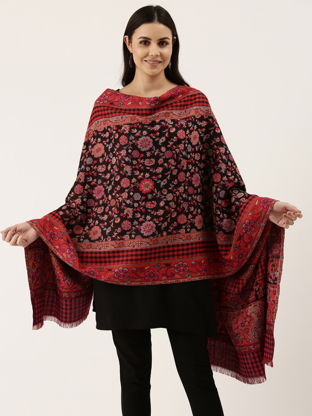 

Pashmoda Women Maroon & Black Floral Printed Woolen Shawl