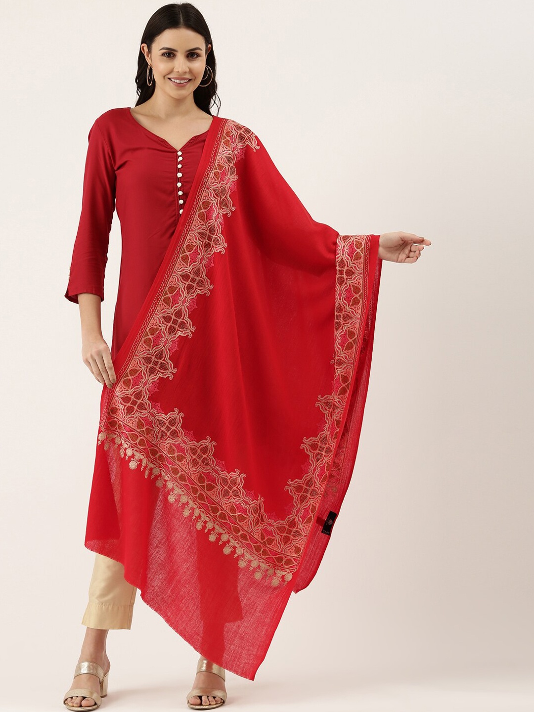 

Pashmoda Women Red Embroidered Pure Woolen Shawl