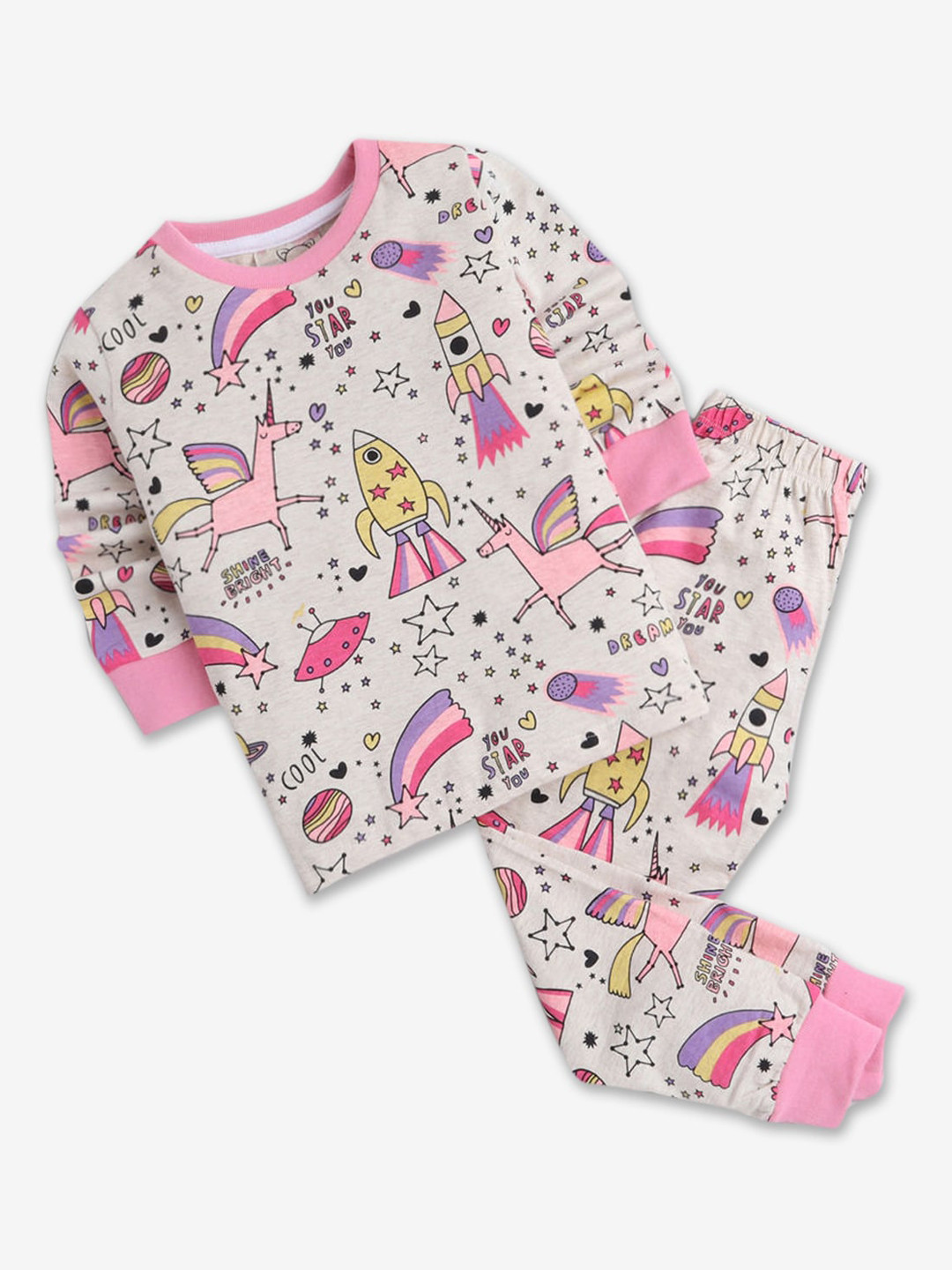 

Hopscotch Girls White & Pink Printed Night suit