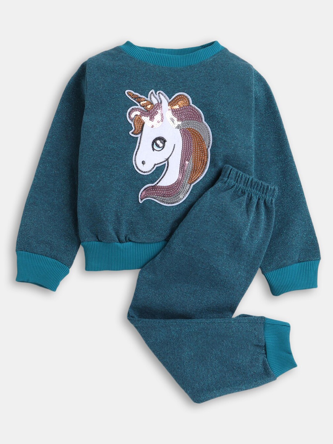 

Hopscotch Girls Teal & White Embellished Wool Sweatshirt with Jogger