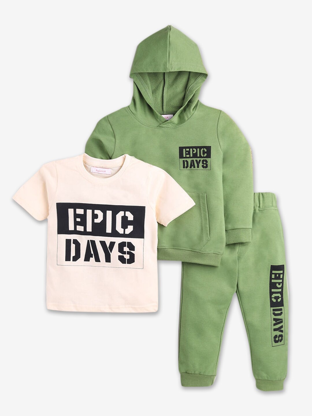 

Hopscotch Boys Olive Green & Peach-Coloured Printed T-shirt with Trousers