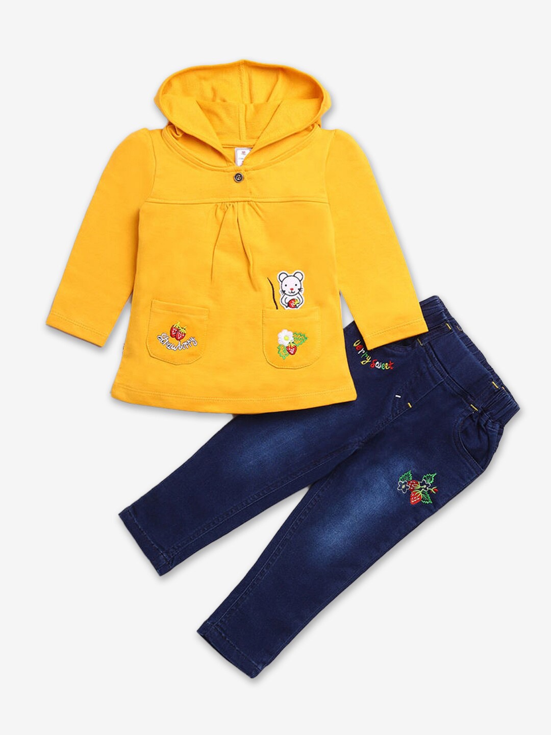 

Hopscotch Girls Yellow & Blue Pure Cotton Printed Hooded Top with Trouser Set