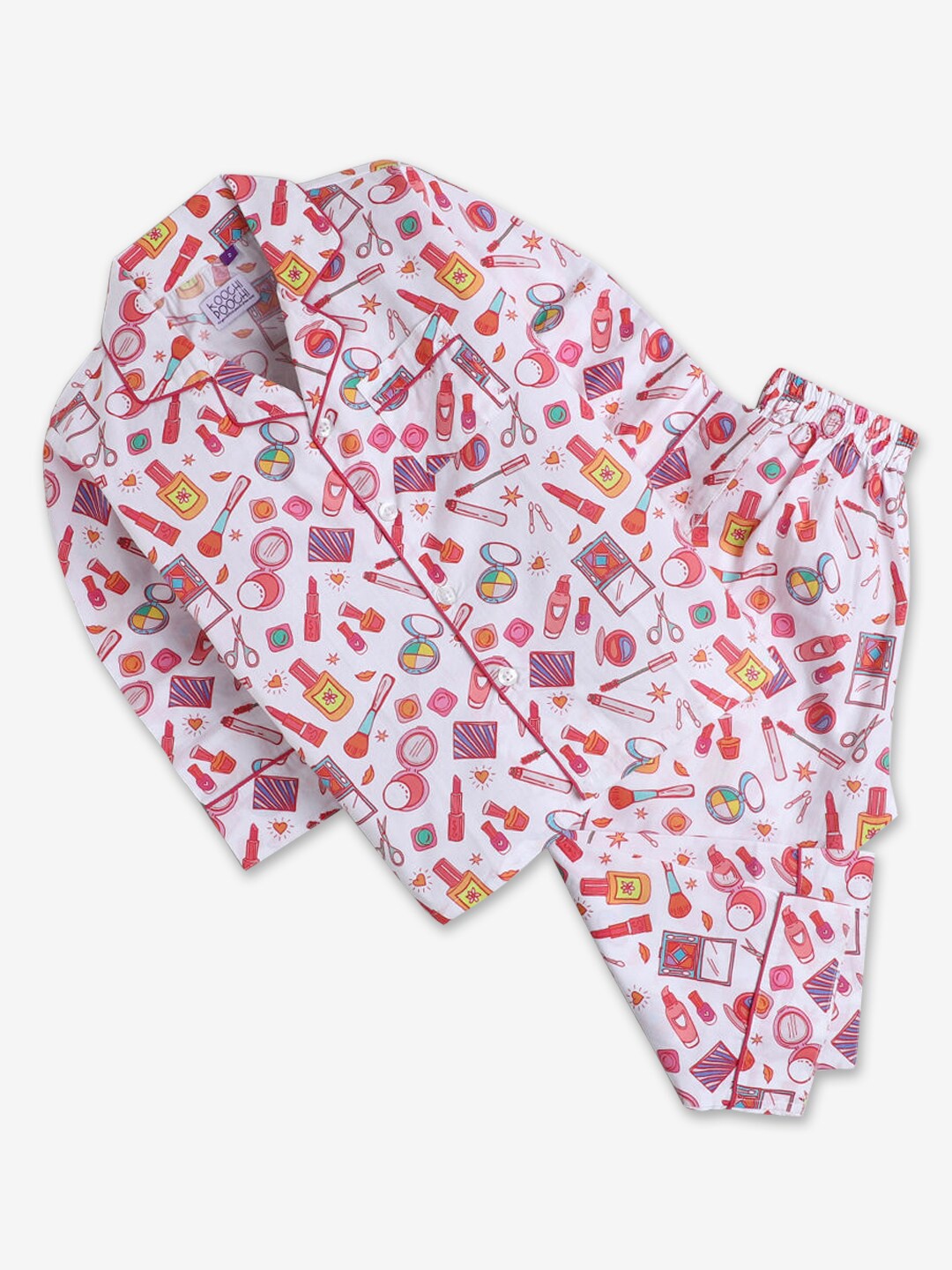 

Hopscotch Girls White & Pink Pure Cotton Printed Night suit