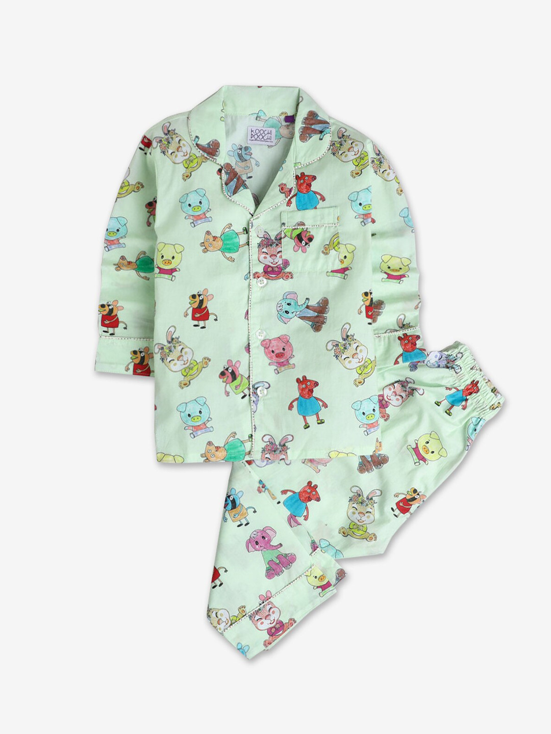 

Hopscotch Unisex Kids Green & Blue Printed Pure Cotton Night suit