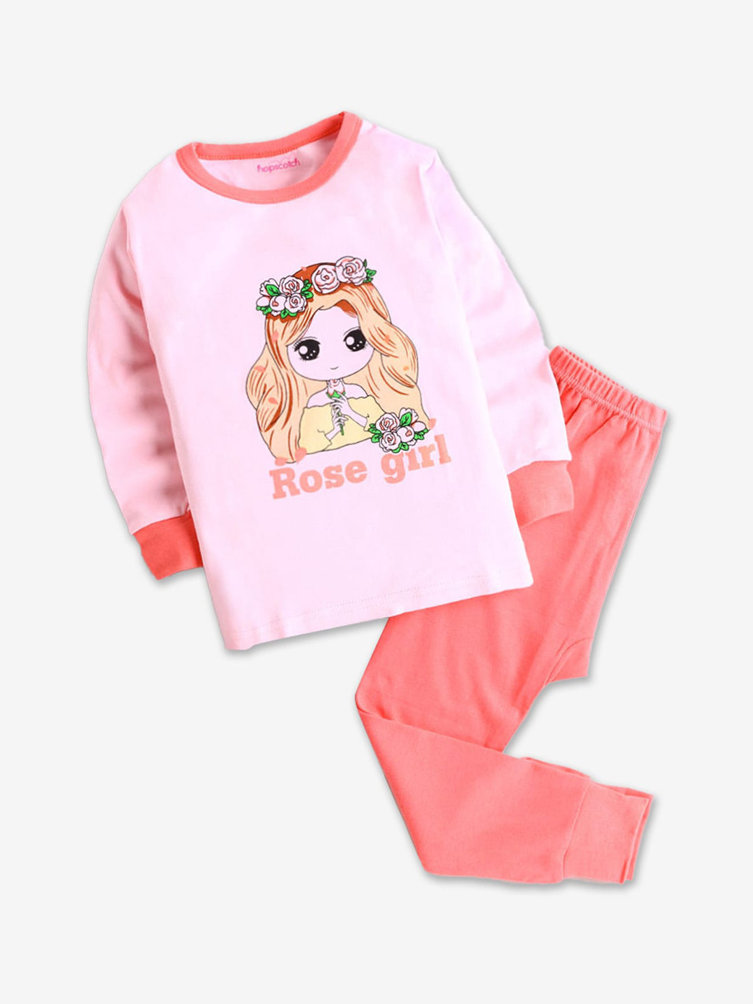 

Hopscotch Girls Pink & Brown Printed Night suit