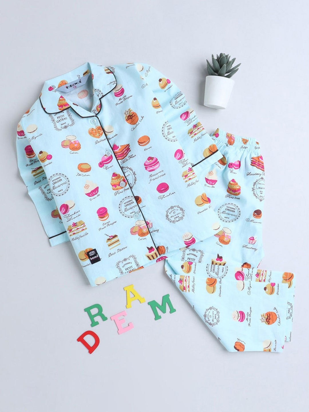 

Hopscotch Girls Blue & Pink Printed Pure Cotton Night suit