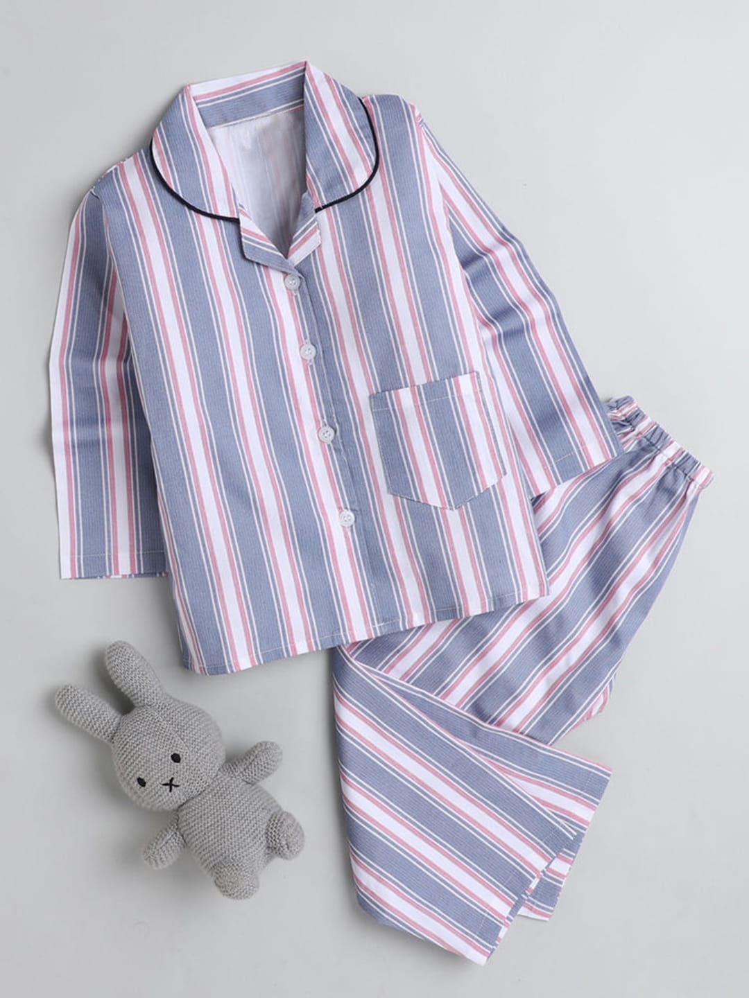

Hopscotch Girls Blue & Pink Striped Pure Cotton Night suit