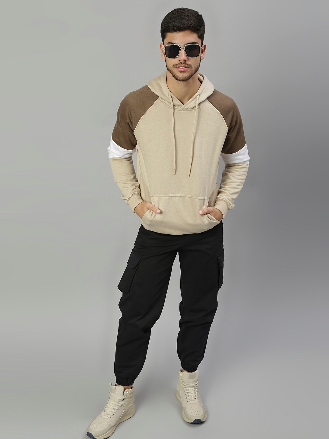 

High Star Men Beige Colourblocked Hooded Sweatshirt