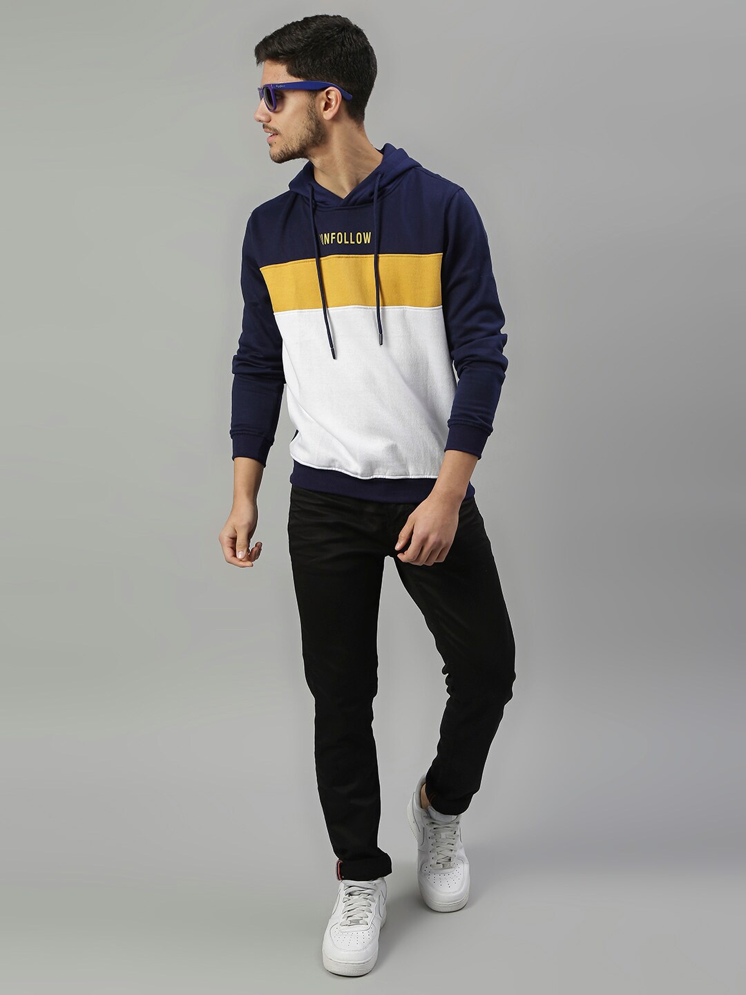 

High Star Men Navy Blue Colourblocked Hooded Sweatshirt