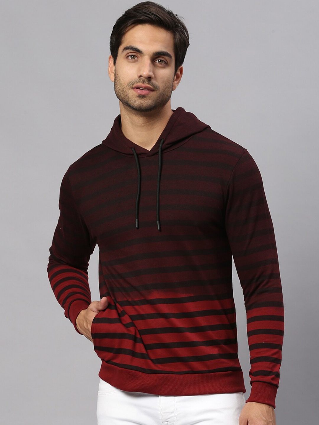 

High Star Men Burgundy Striped Hooded Sweatshirt