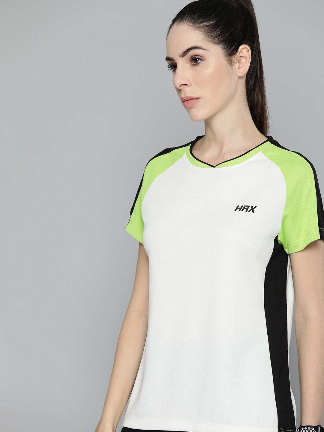 

HRX by Hrithik Roshan Women Colourblocked V-Neck T-shirt, Off white