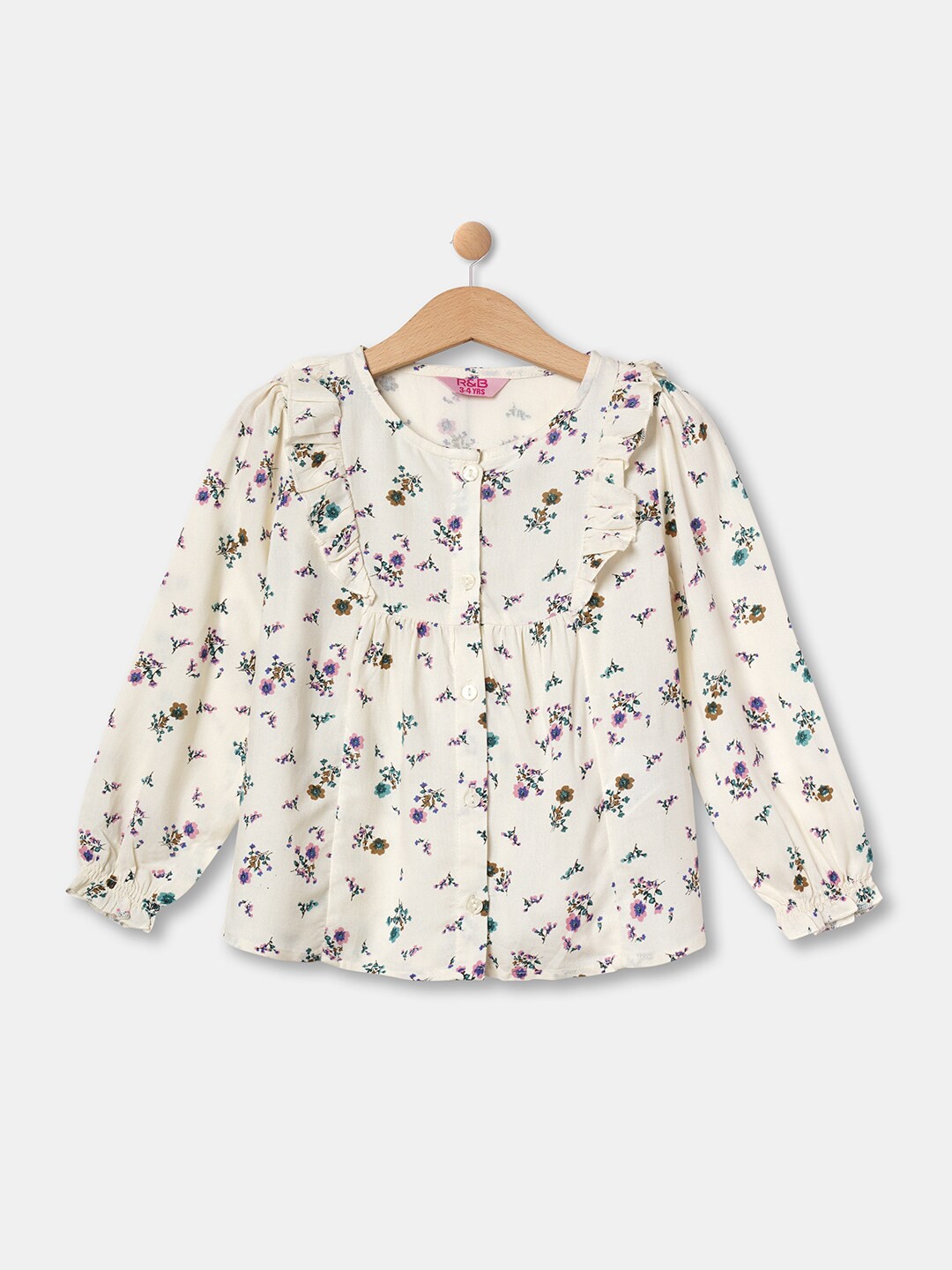 

R&B Girls Off White Floral Print Ruffles Cotton Top
