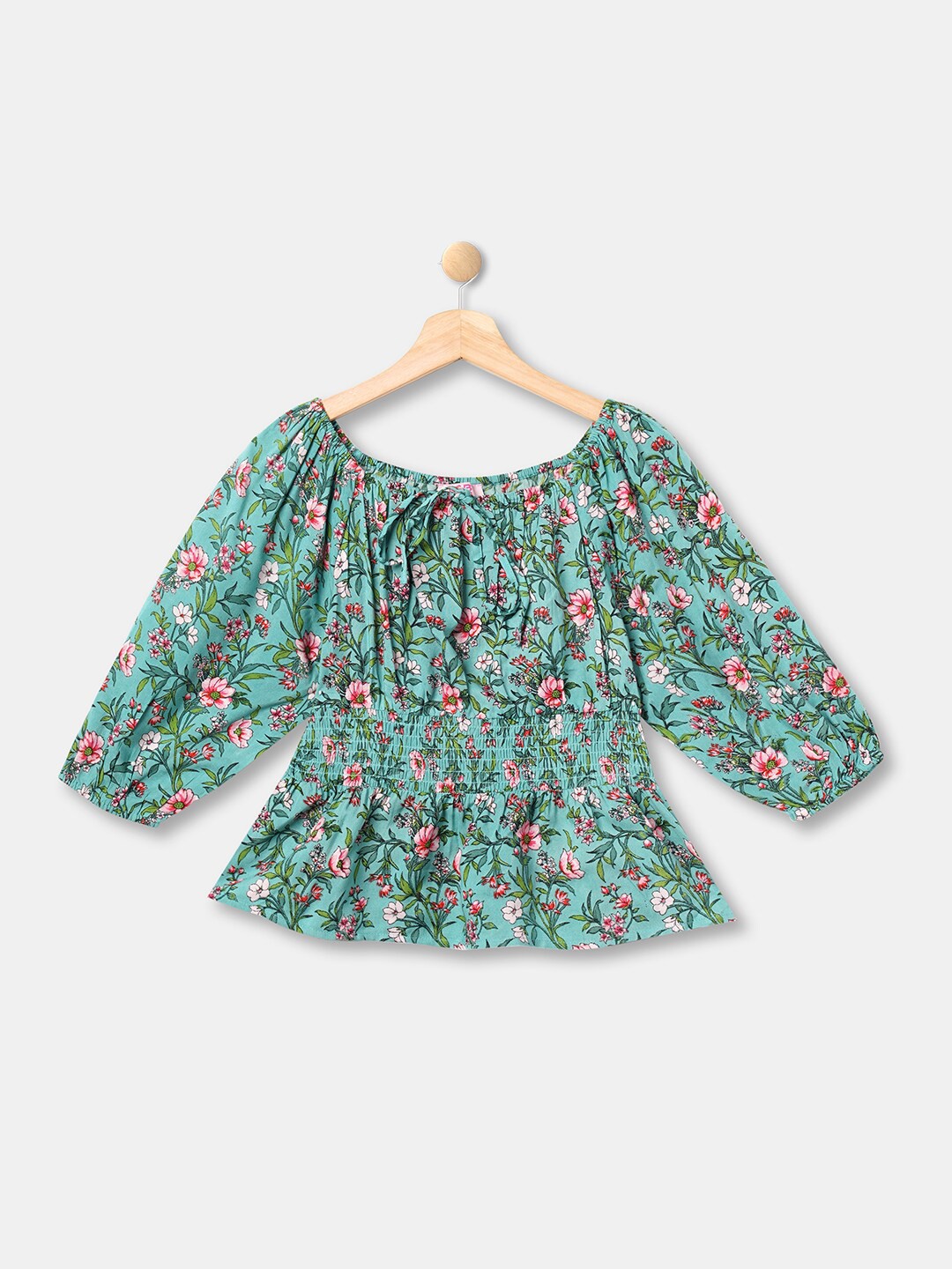 

R&B Kids Girls Green And Pink Floral Print Off Shoulder Pure Cotton Bardot Top