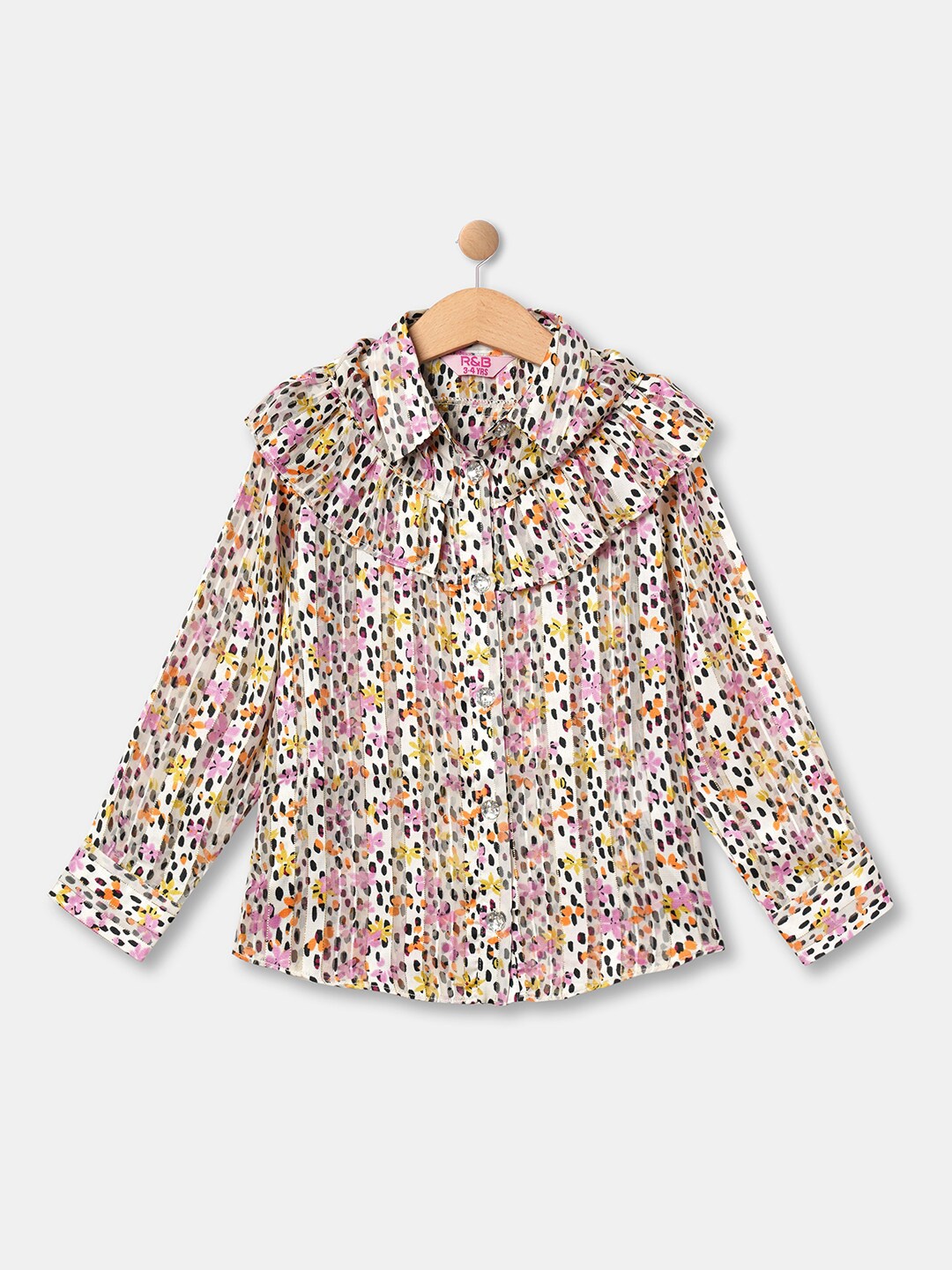 

R&B Girls Beige Floral Print Ruffles Cotton Shirt Style Top