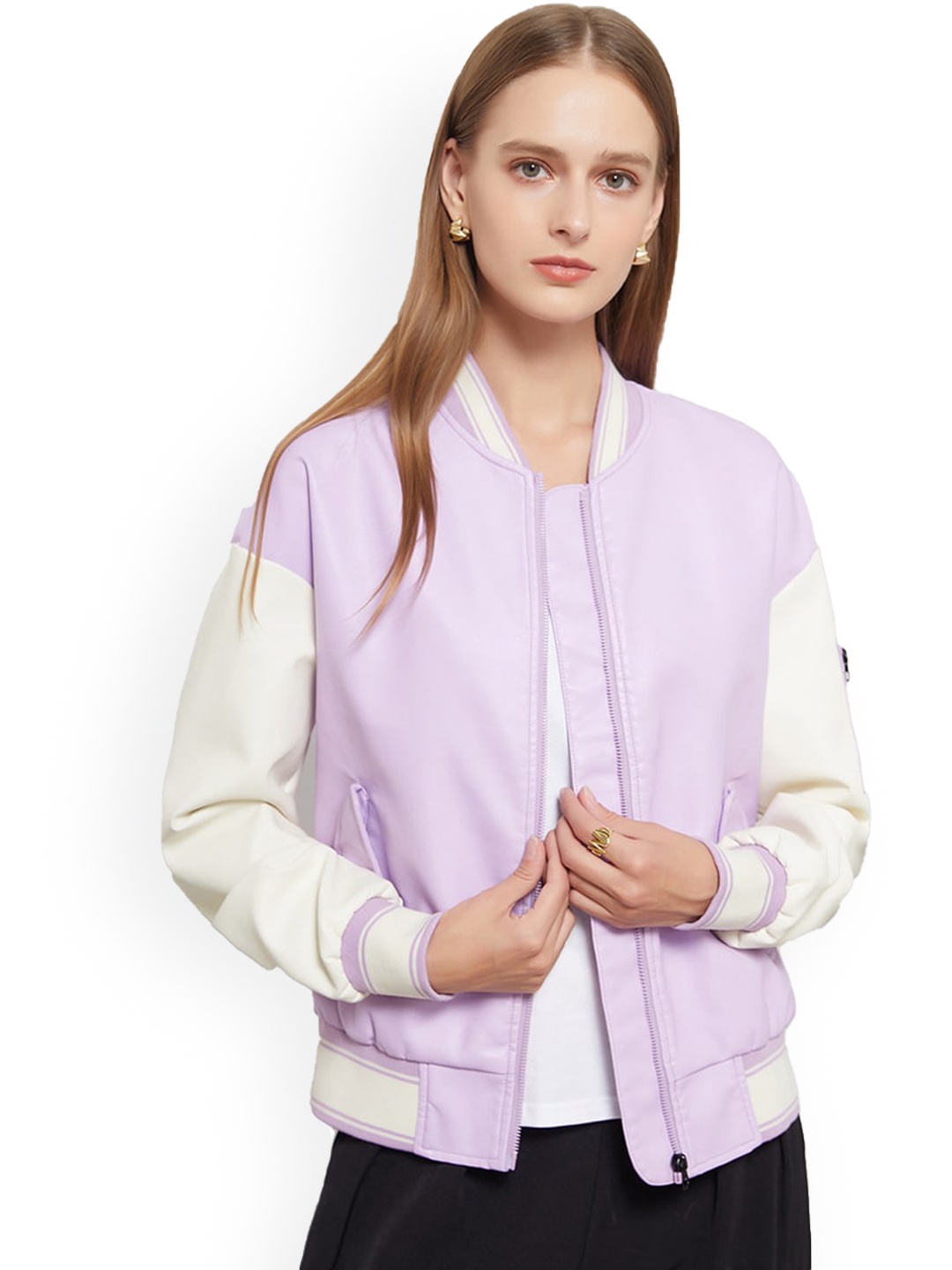 

BoStreet Women Purple Off White Colourblocked Bomber Jacket