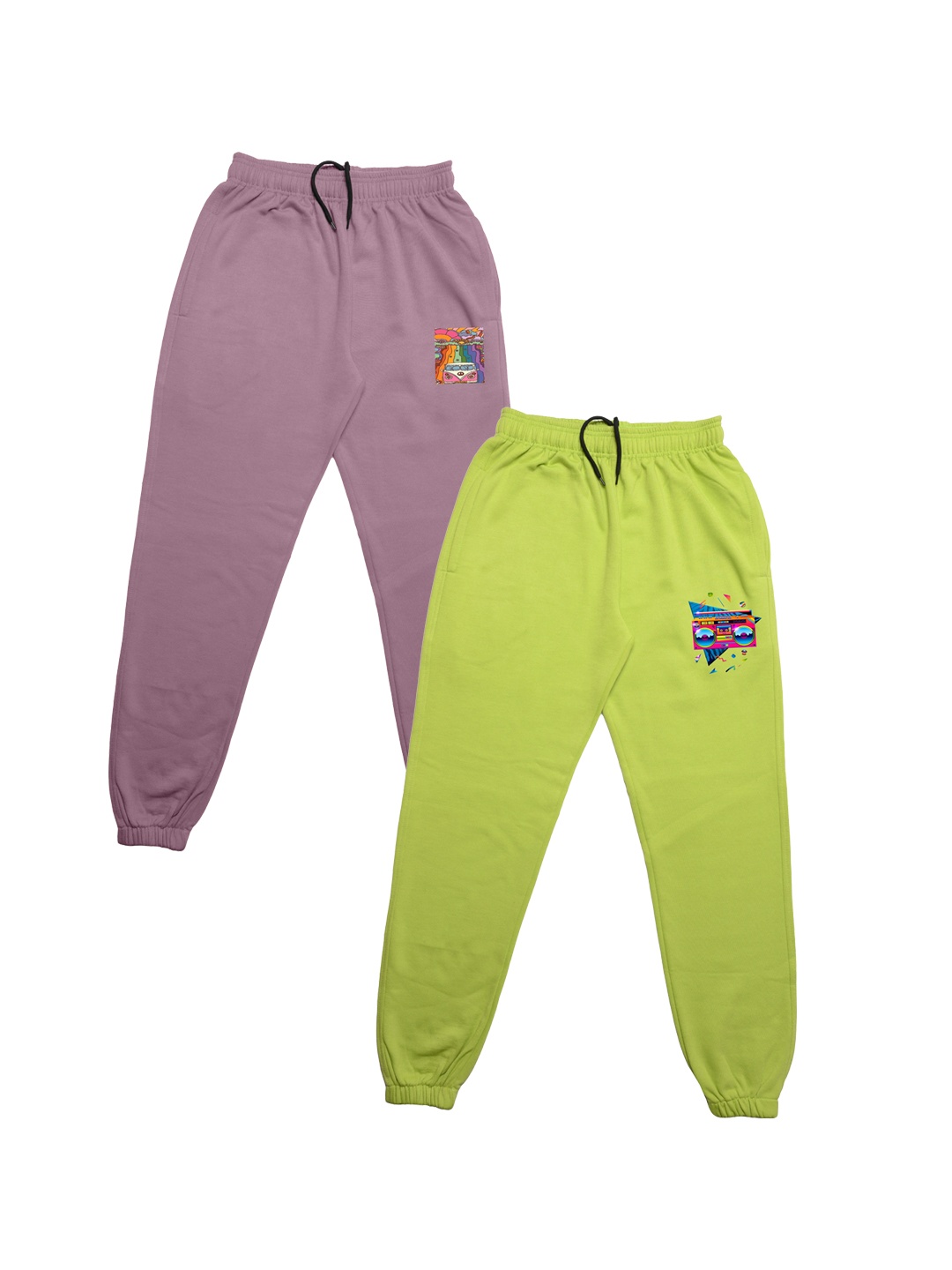 

TINY HUG Boys Pack Of 2 Purple and Green Solid Joggers, Fluorescent green