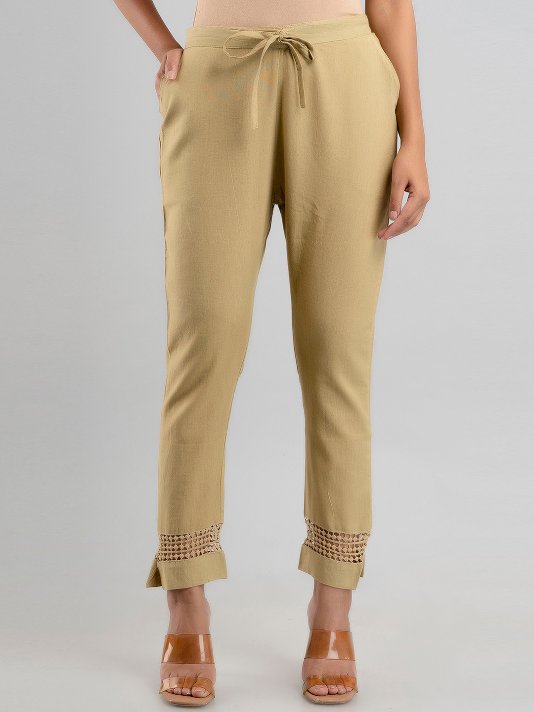 

Fusion Threads Women Khaki Pencil Cotton Trousers