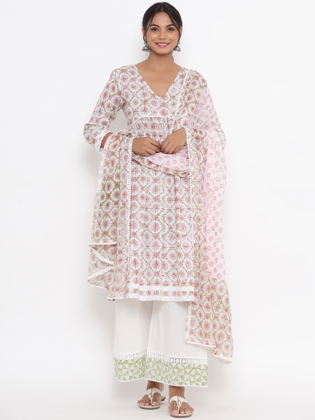 

mirari Women Pink Floral Printed Empire Pure Cotton Kurta with Palazzos & With Dupatta