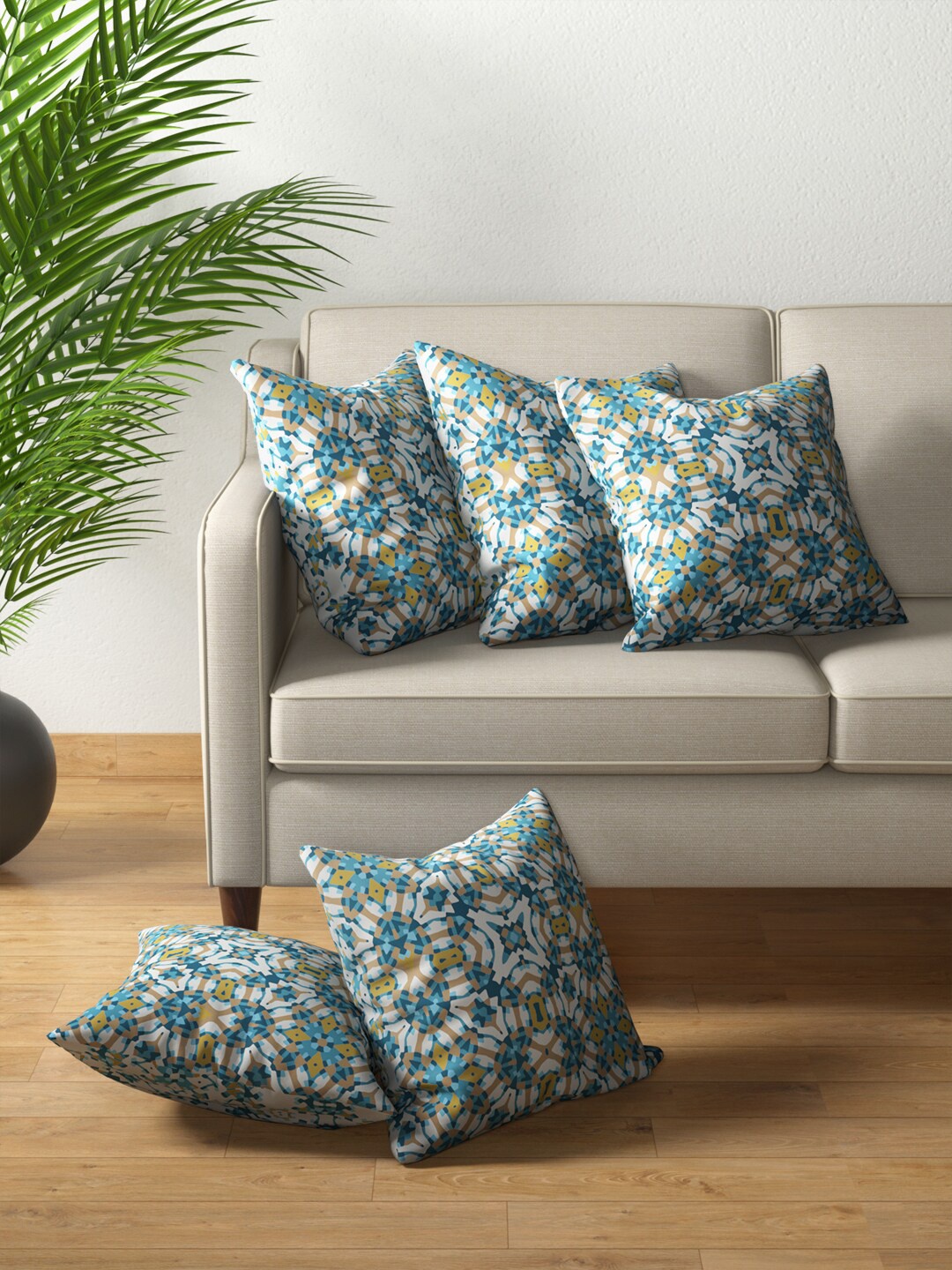 

PETAL HOME Set of 5 Teal & White Printed Cotton Square Cushion Covers