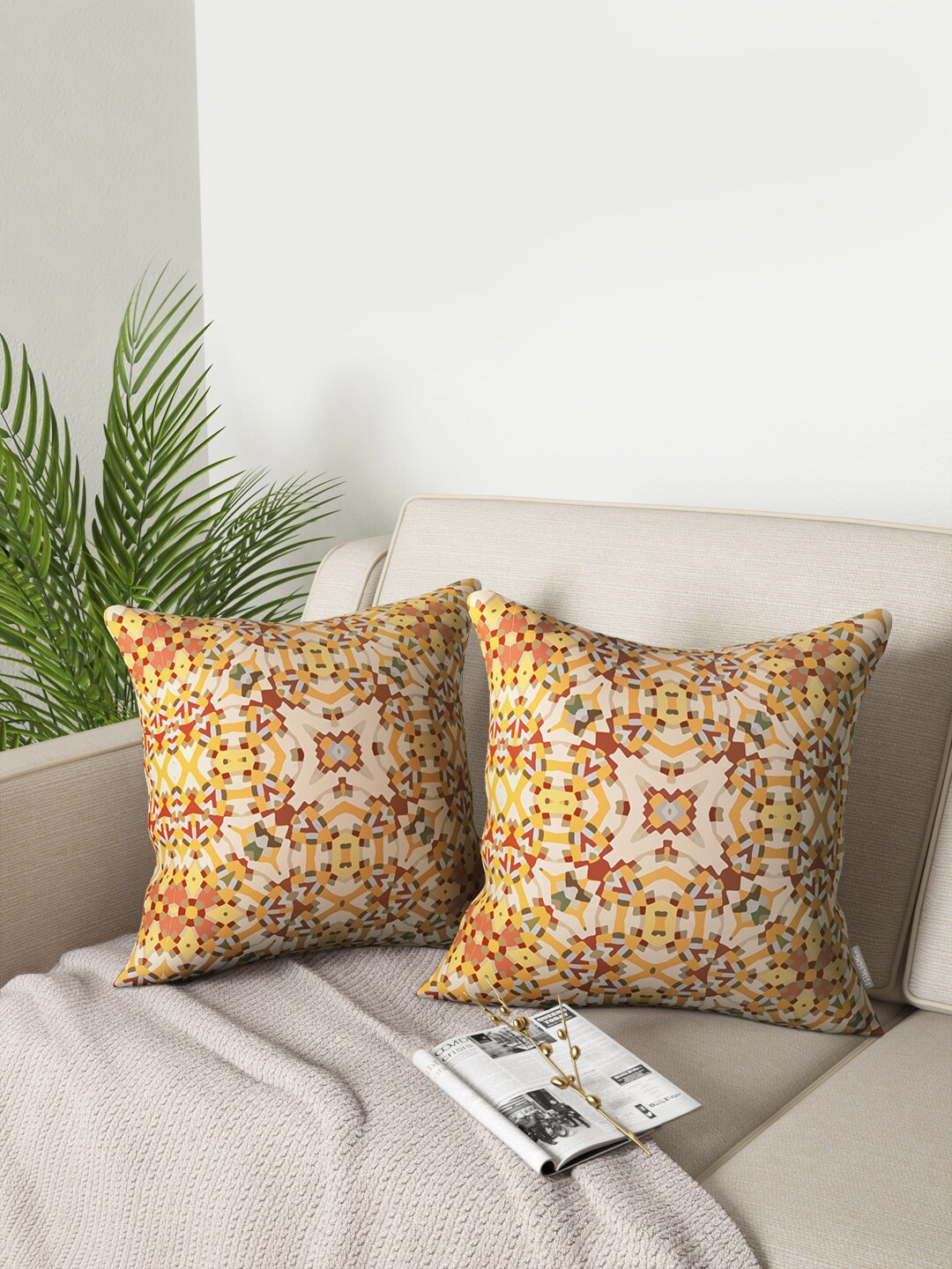 

PETAL HOME Yellow & Maroon Cotton Set of 2 Geometric Square Cushion Covers