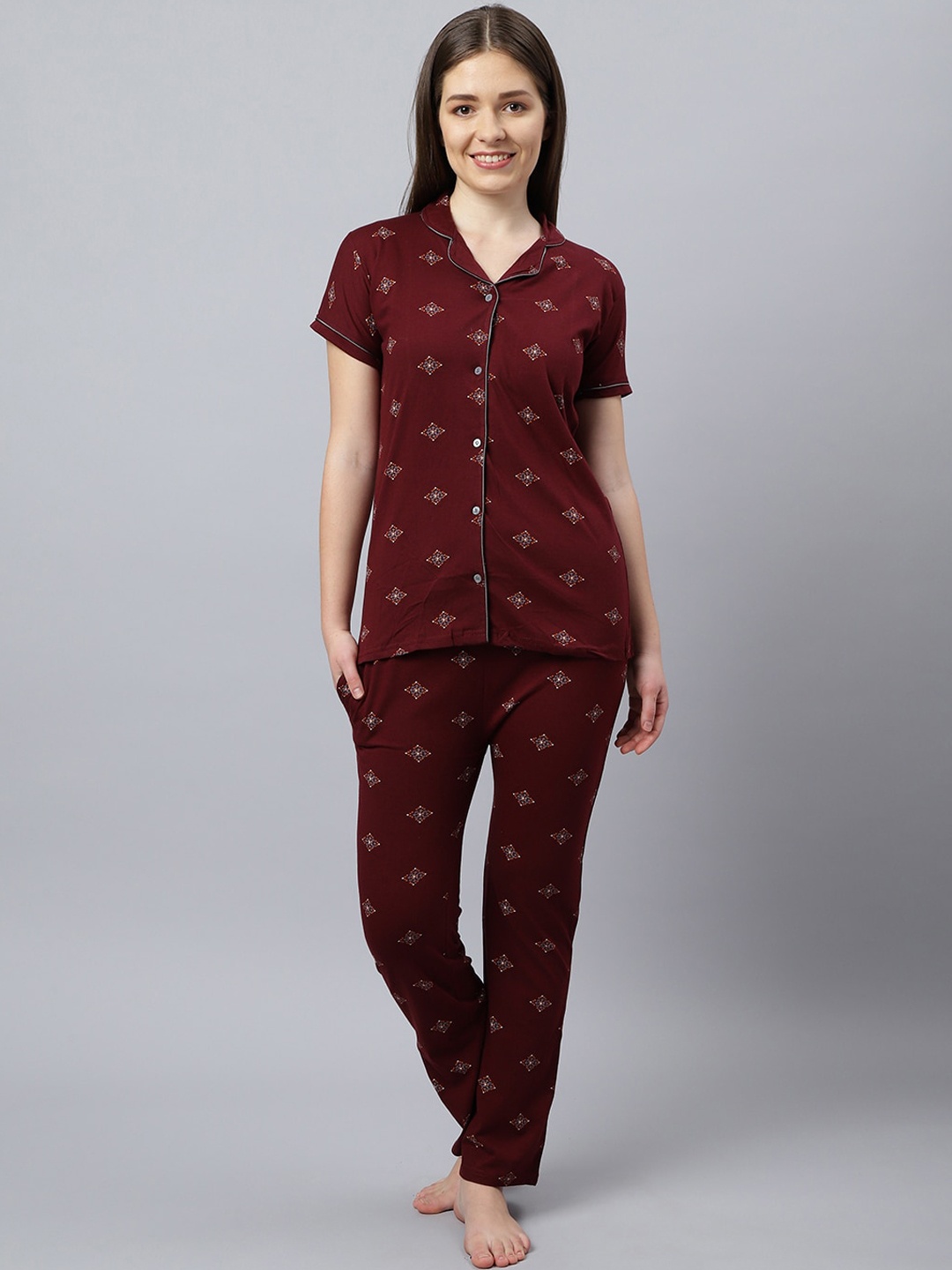 

Bailey sells Women Maroon & Black Printed Cotton Night suit