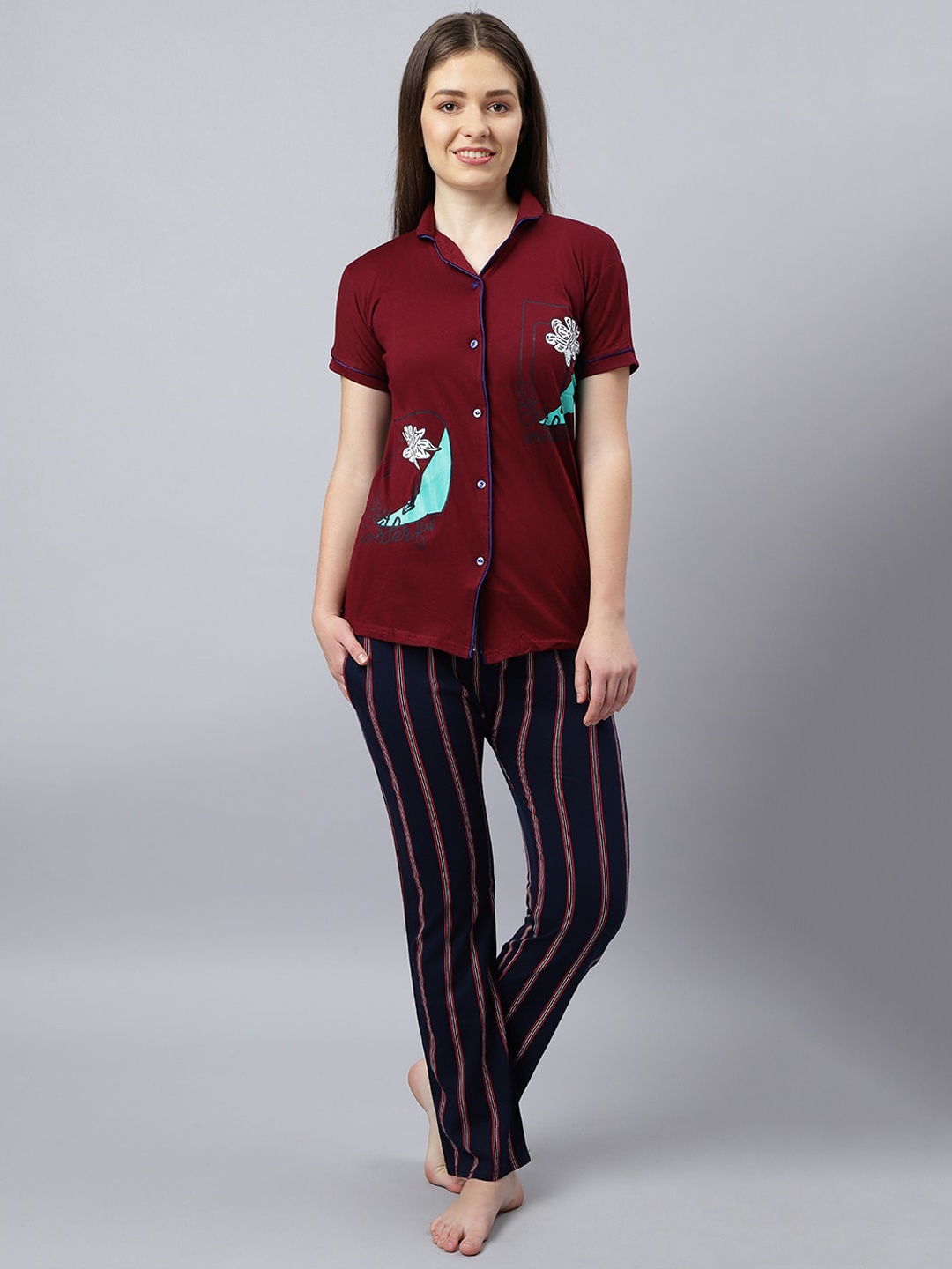 

Bailey sells Women Maroon & Navy Blue Printed Pure Cotton Night suit