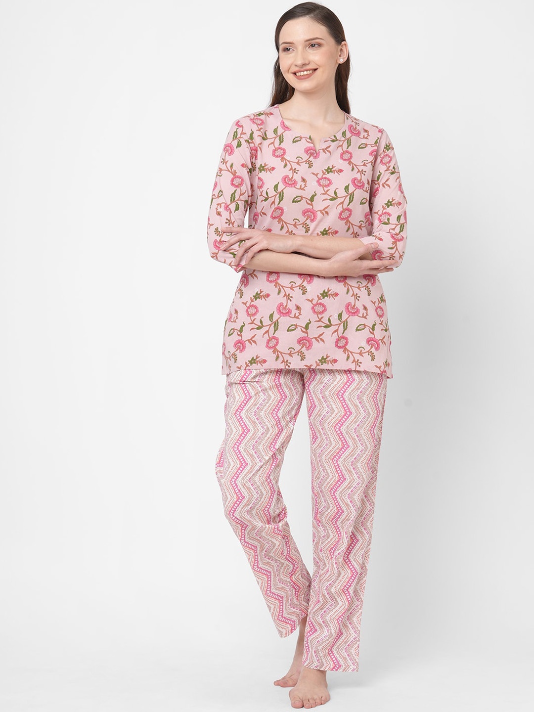 

SDL by Sweet Dreams Women Pink & Green Printed Night suit