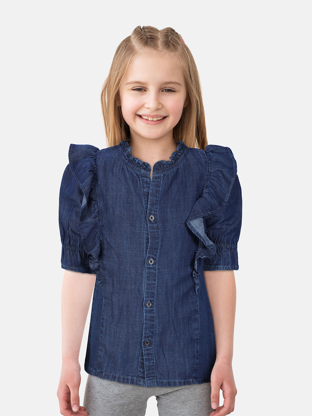 

Gini and Jony Girls Navy Blue Mandarin Collar Ruffles Denim Top