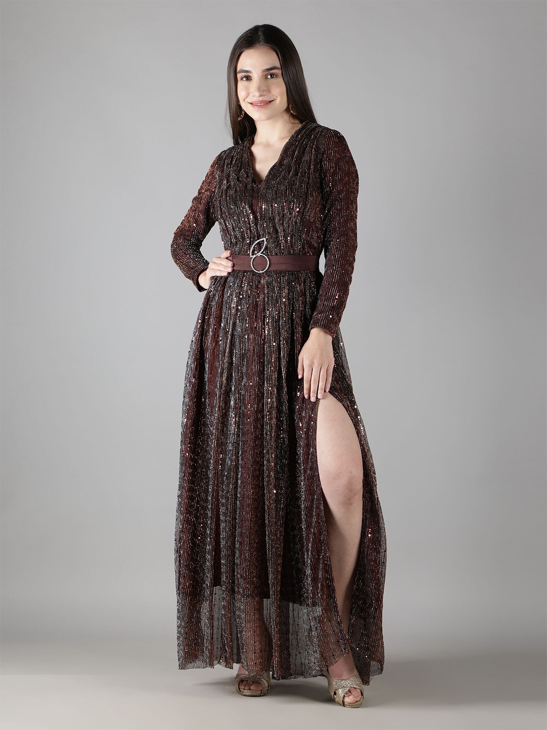 

SHABERRY Brown Embellished Satin Maxi Maxi Dress