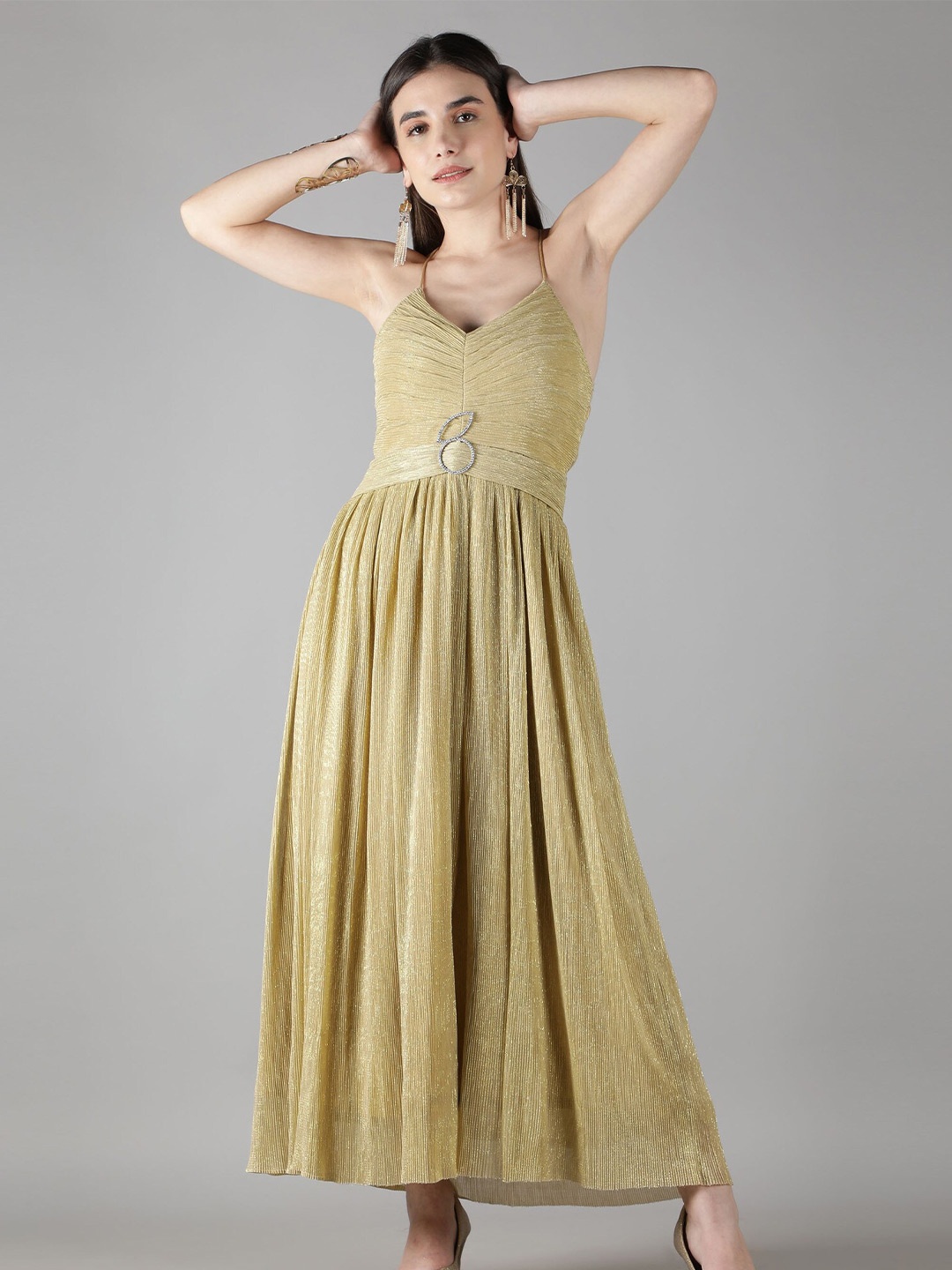 

SHABERRY Gold-Toned Halter Neck Satin Maxi Dress