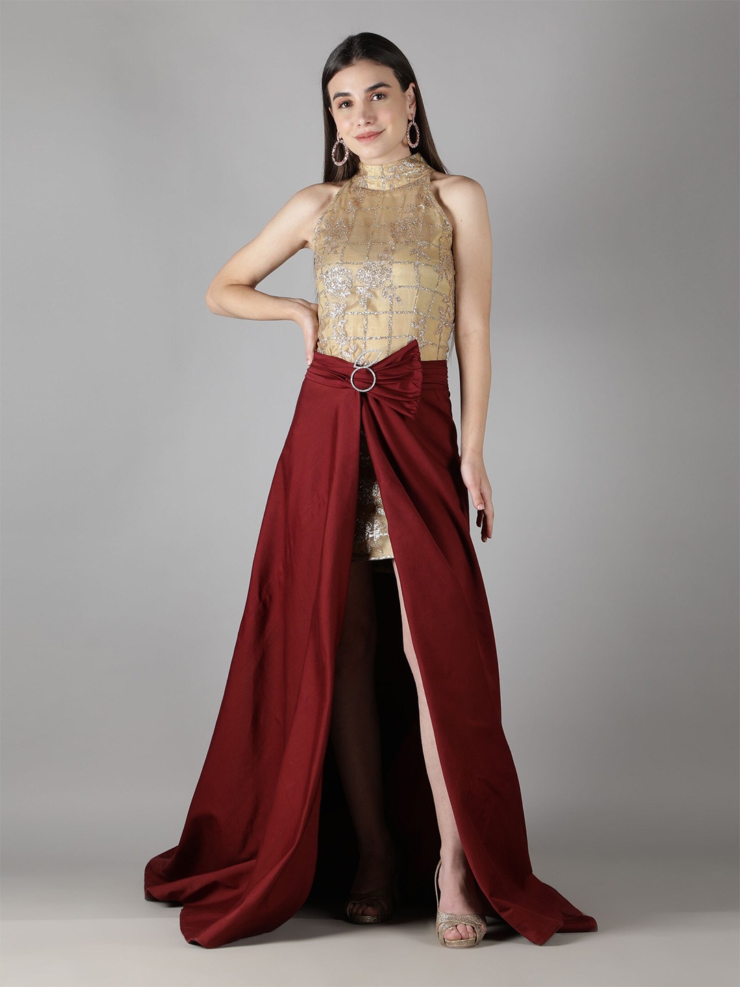

SHABERRY Women Maroon And Gold Toned Embellished Satin Draped Cocktail Dress