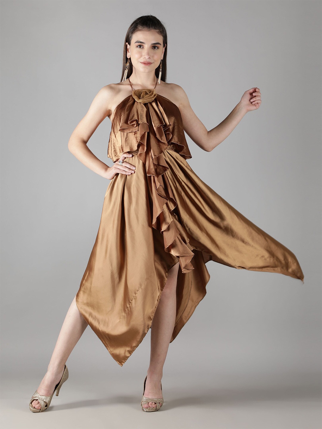 

SHABERRY Women Bronze-Toned Satin A-Line Midi Dress