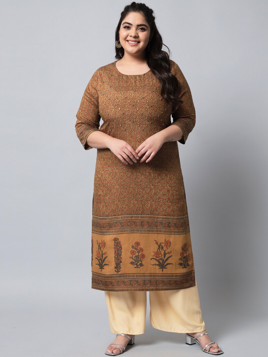 

KALINI Women Plus Size Brown Ethnic Motifs Floral Kurta