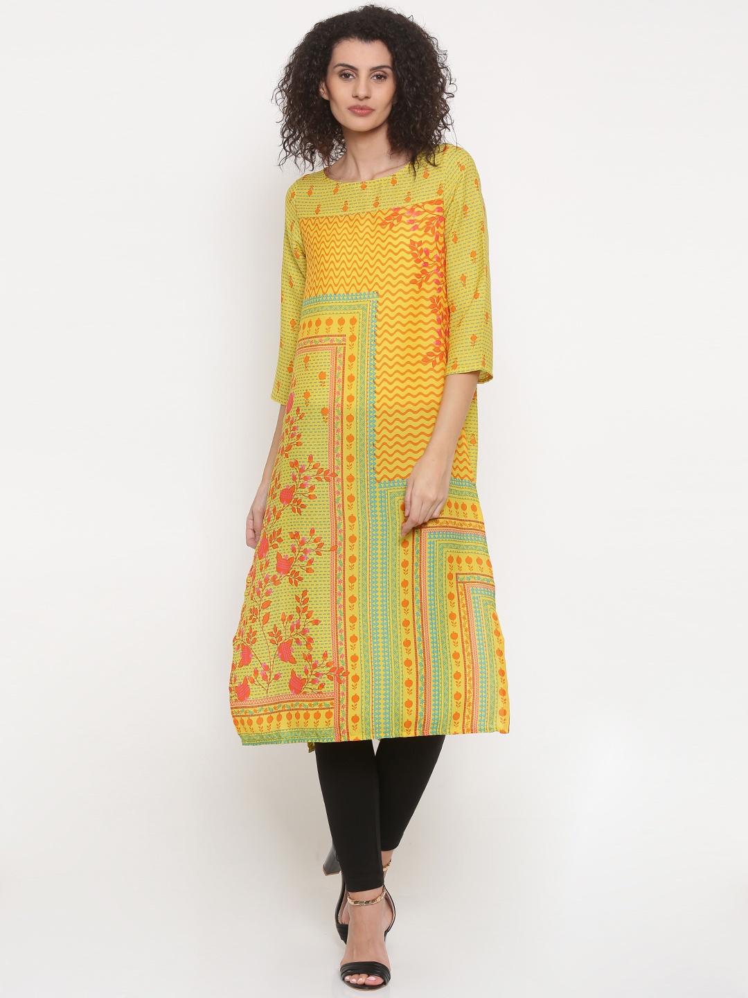 

Global Desi Women Yellow Printed A-Line Kurta