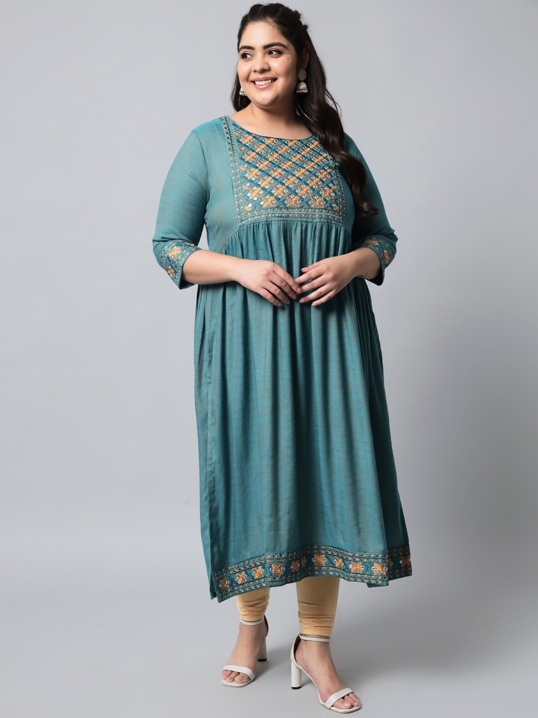 

KALINI Women Plus Size Teal Green Embroidered And Mirror Work Yoke Design Straight Kurta