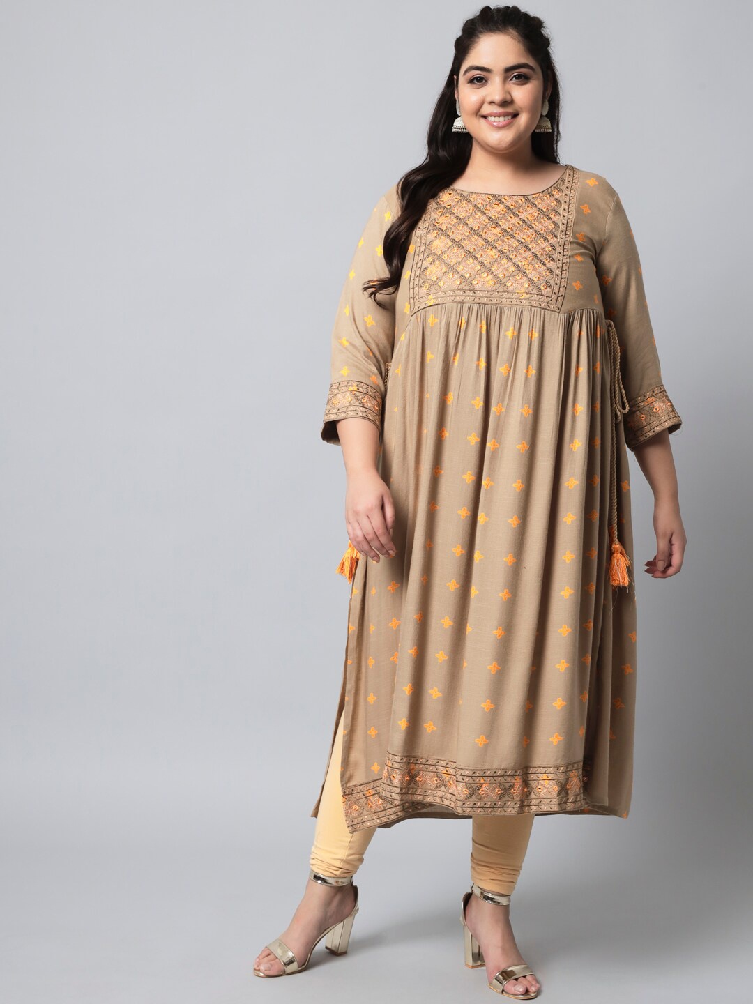 

KALINI Women Plus size Brown & Mustard Yellow Printed Mirror Work Floral Anarkali Kurta