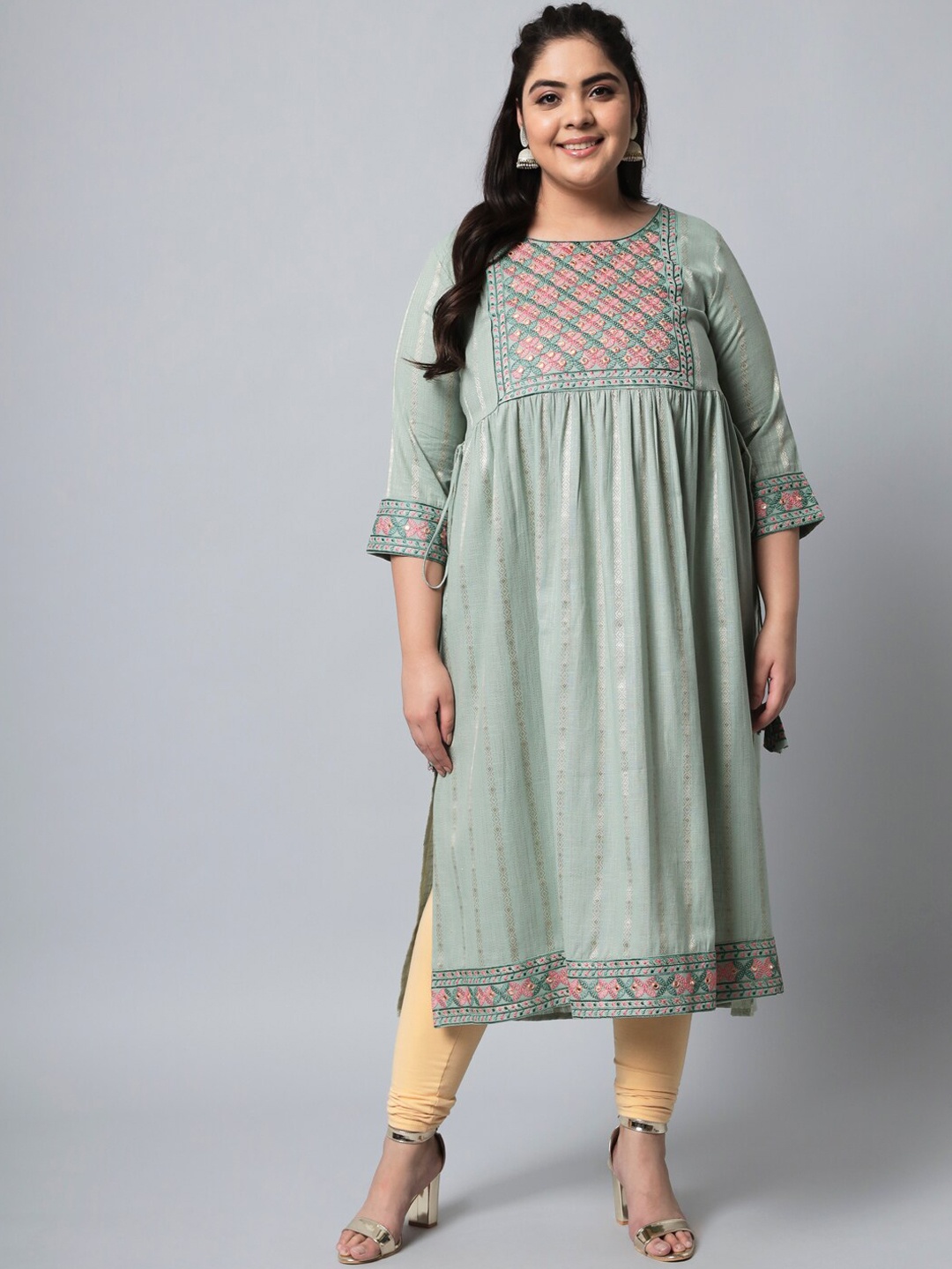 

KALINI Women Green Ethnic Motifs Striped Kurta