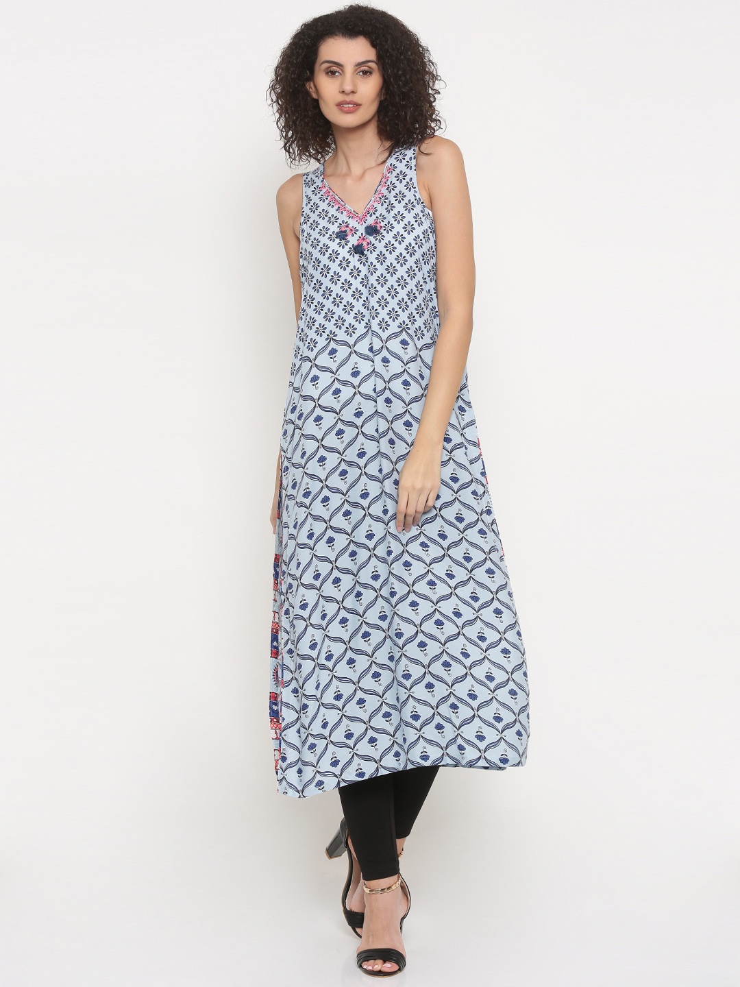

Global Desi Women Blue Printed A-Line Kurta