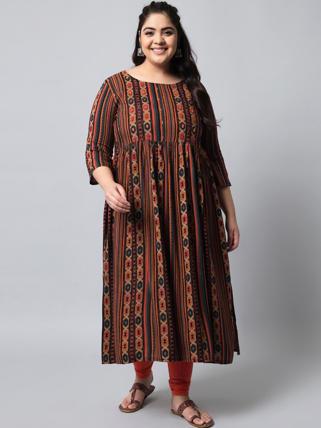 

KALINI Women Plus Size Black & Orange Striped Thread Work Kurta