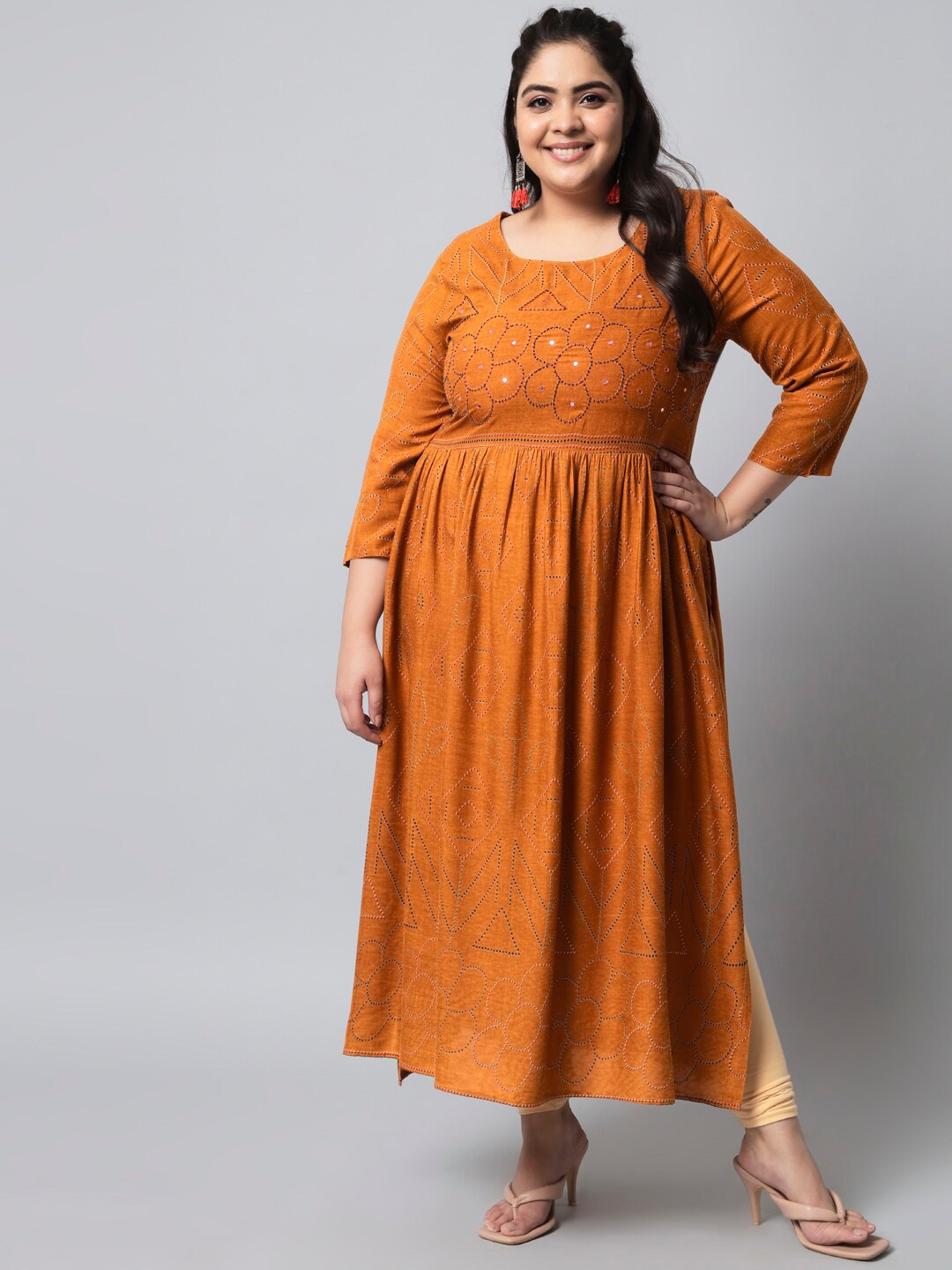 

KALINI Women Orange Ethnic Motifs Embroidered Thread Work Kurta