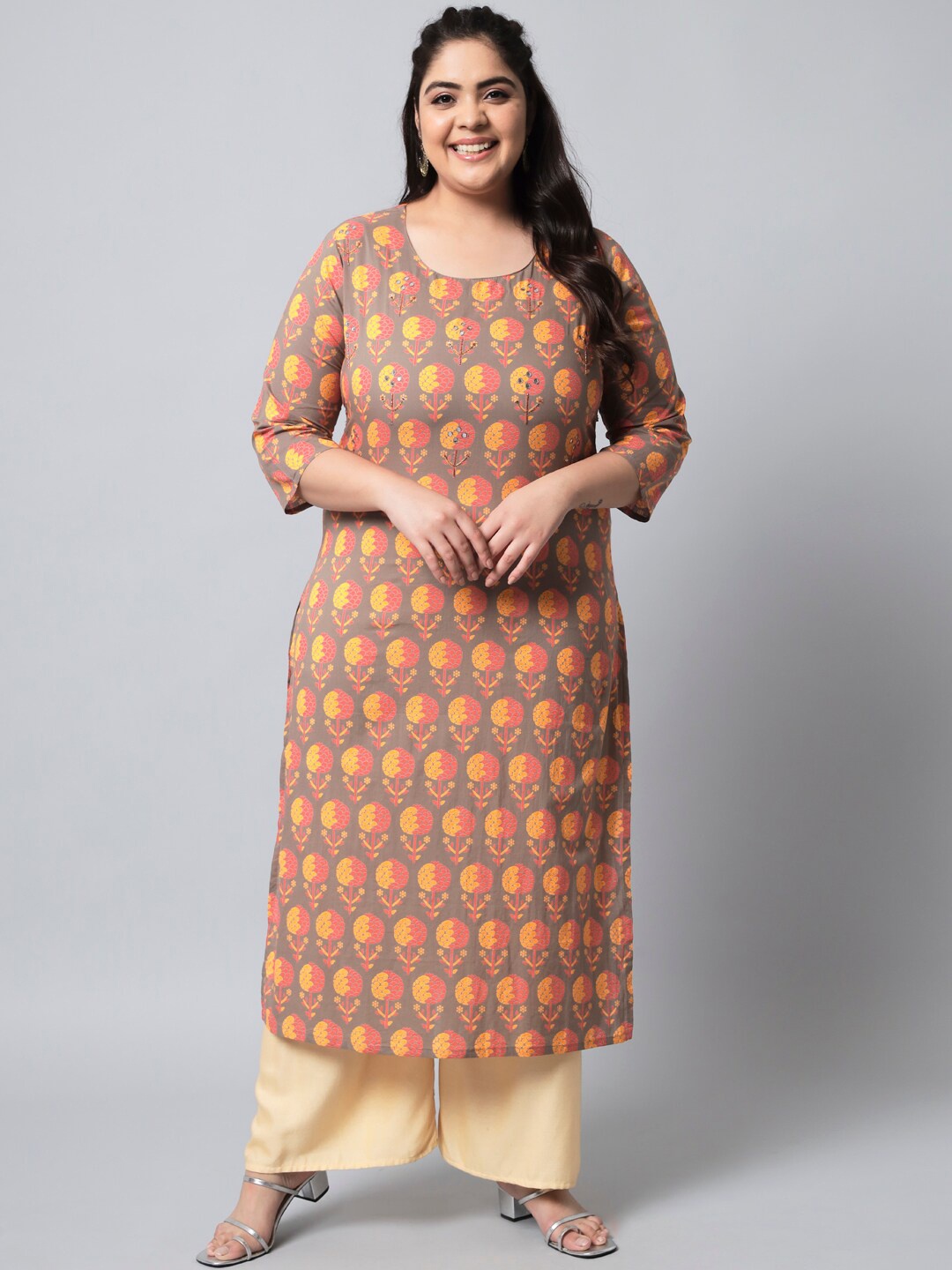 

KALINI Women Plus Size Grey & Orange Ethnic Motifs Printed Pure Cotton Straight Kurta