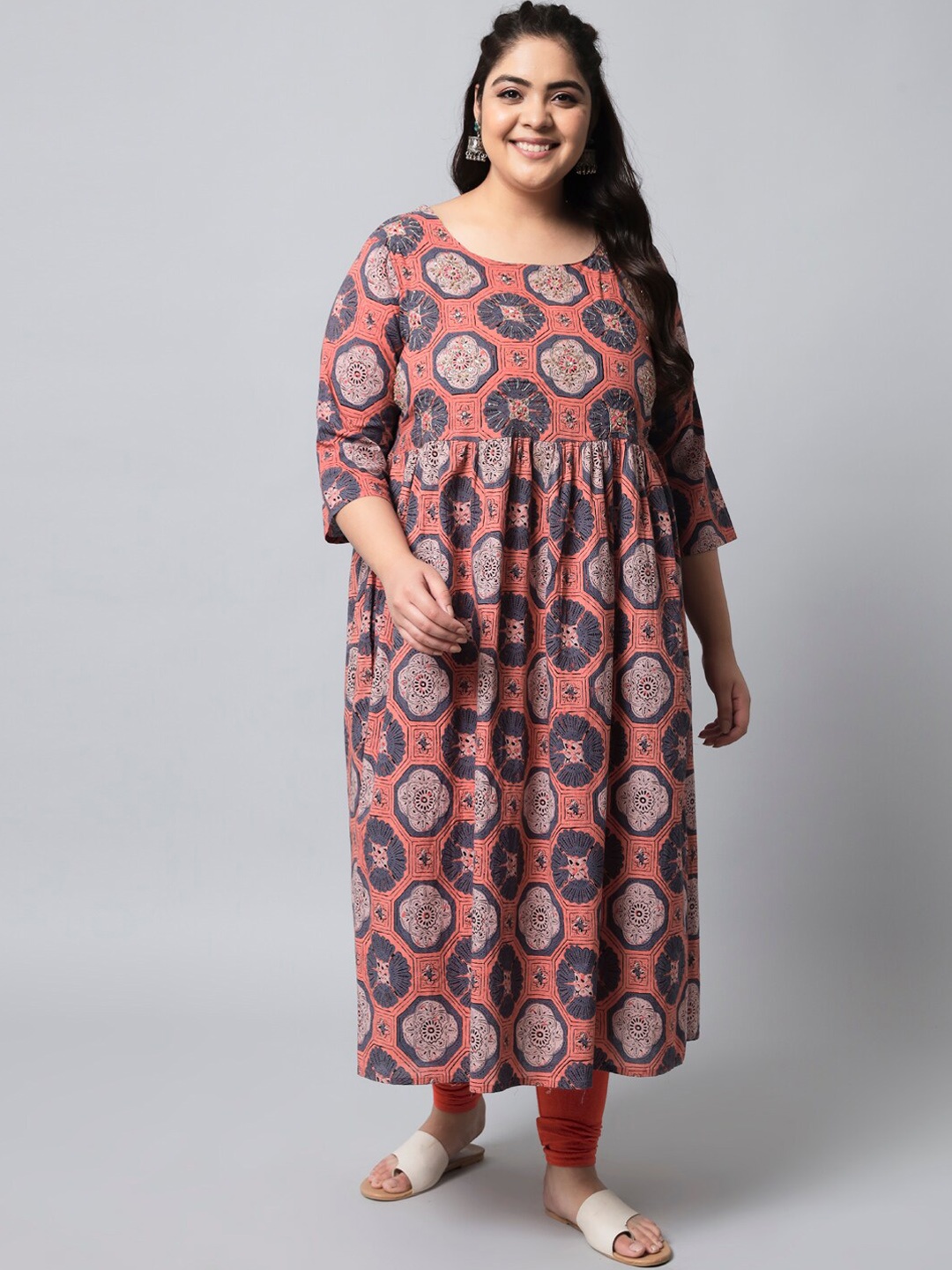 

KALINI Women Plus Size Pink Ethnic Motifs Printed Pure Cotton A-Line Kurta