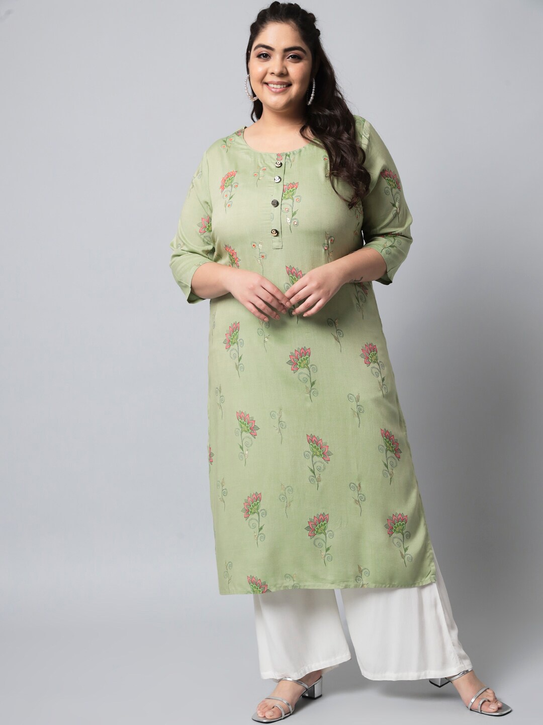 

KALINI Women Plus Size Green & Pink Embroidered Straight Kurta