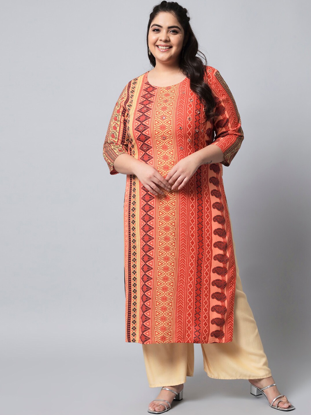 

KALINI Women Plus Size Red Geometric Embroidered Mirror Work Kurta