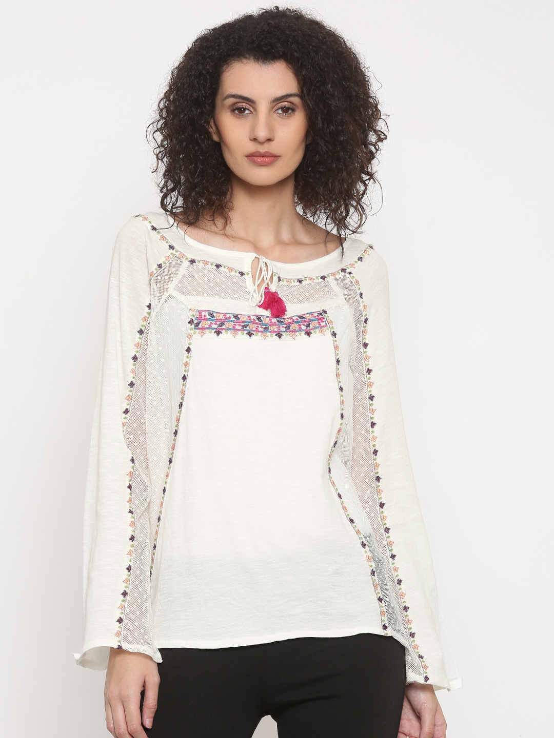 

Global Desi Women White Self Design Top