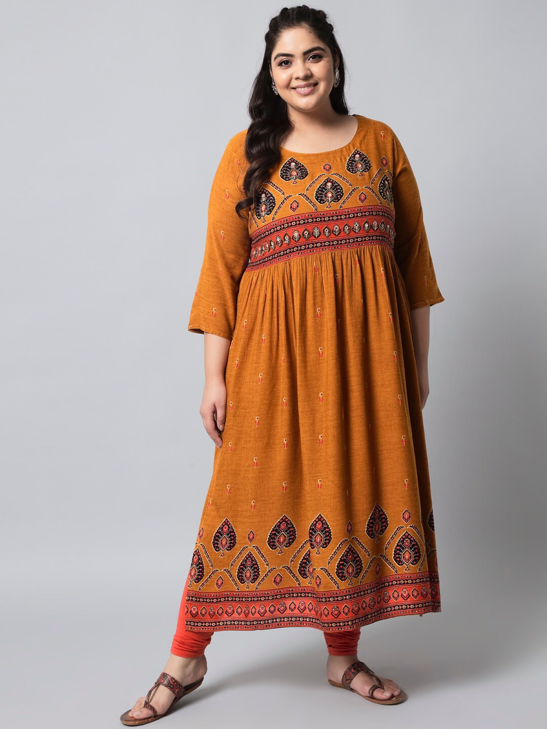 

KALINI Women Mustard Yellow & Black Ethnic Motifs Printed Kurta