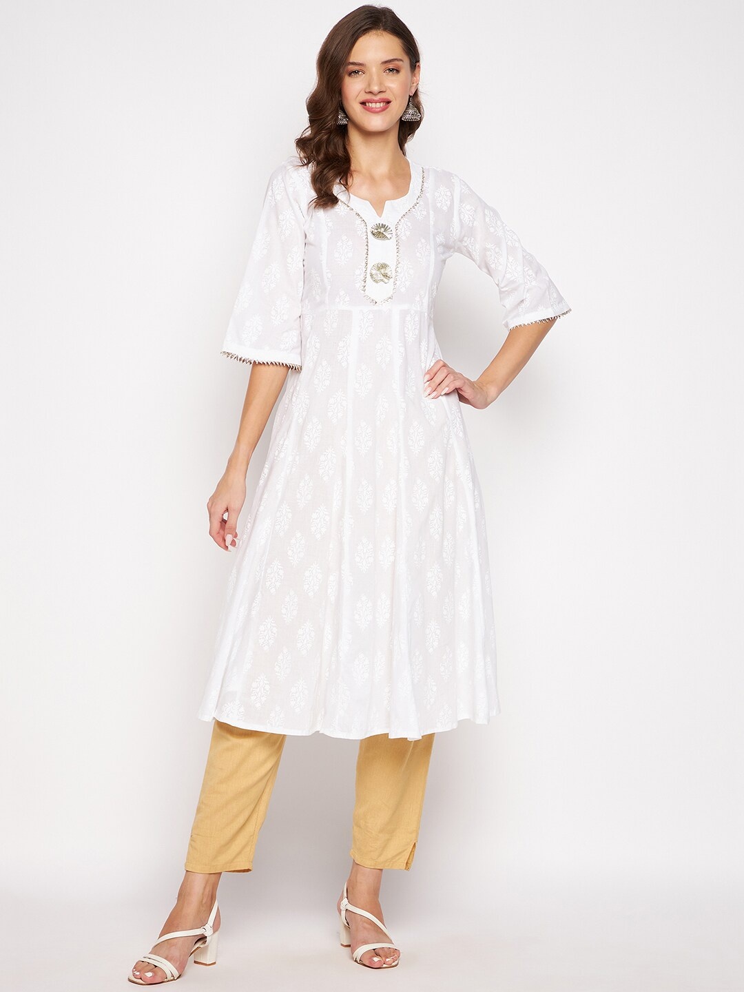 

One of a Kind Women White Floral Printed Gotta Patti Floral Anarkali Kurta