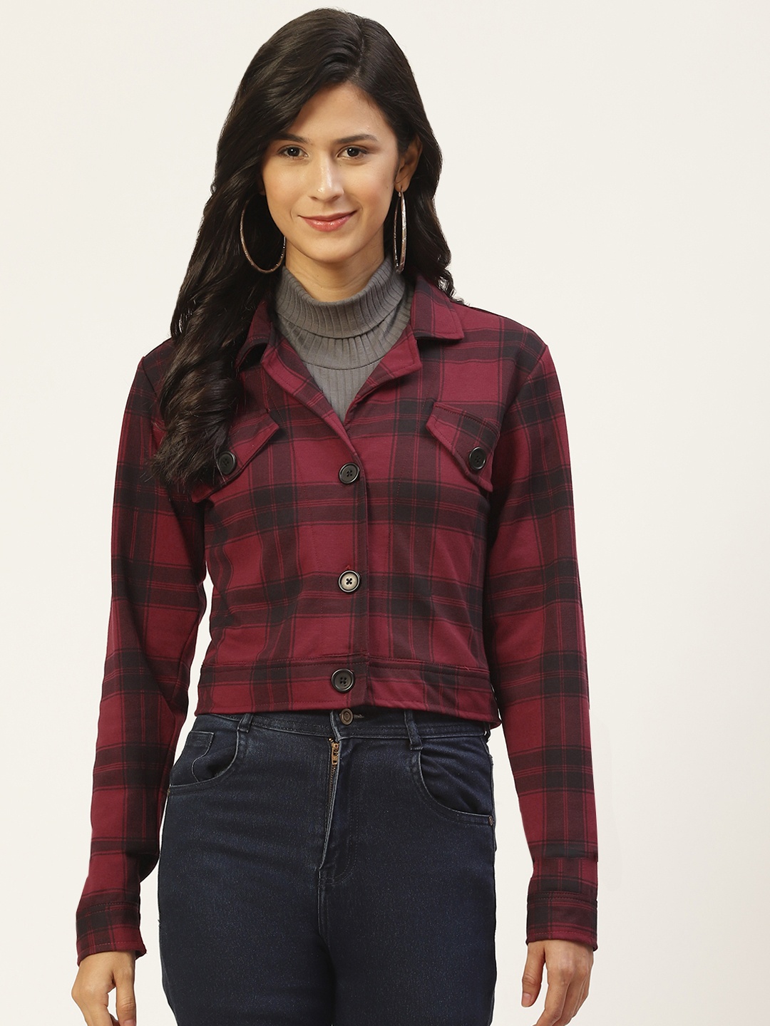 

Belle Fille Women Red Black Checked Lightweight Crop Open Front Jacket