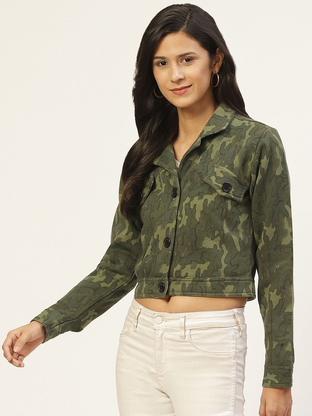 

Belle Fille Women Olive Green Camouflage Crop Jacket